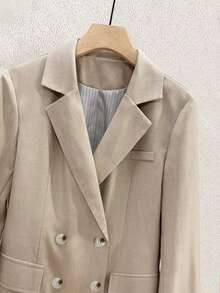 Women's High-Quality Dual-Color Faux Linen Fabric Double-Breasted Striped Lining Long Sleeve Blazer Jacket, Commuting & Casual, Spring/Autumn - Khaki - View 4