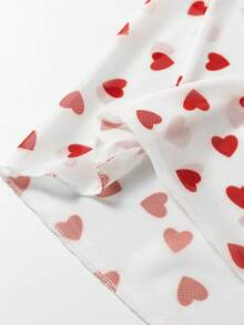 Women's Red Heart Print Mesh Sheer Fitted Short Sleeve Top, Valentine's Day White - White - View 10
