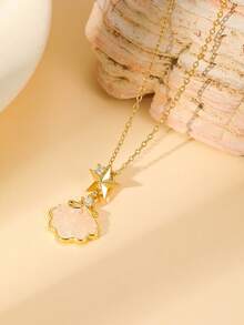 1件优雅月亮、花朵、星星、蝴蝶、水滴、心形、旋转行星吊坠项链，闪亮立方氧化锆精致颈链，适合女士派对、情人节礼物 - 金色 - 查看 5