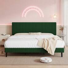 Twin Bed Frame, Velvet Upholstered Platform Bed With Vertical Channel Tufted Headboard And Footboard, Pink/ White/ Green/ Black/ Blue, Full Bed Frame/ Queen Bed Frame/ King Bed Frame ﻿ - 綠色 - 查看 6