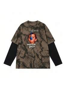 JUTU Spring & Autumn Casual Cute Hand-Painted Pattern All-Over Print Patchwork 2 In 1 Long Sleeve Round Neck Loose Knit Coffee & Black Top, Suitable For Vacation & Street Carnival - 409 Coffee Black - KJ0213 - View 6