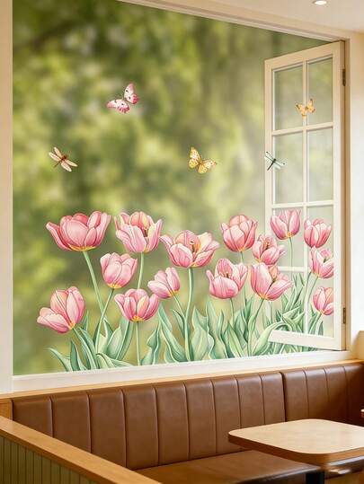 1pc Pink Tulip Floral Wall Sticker, Butterfly & Dragonfly Decor Sticker For Living Room/Bedroom/Cabinet/Glass, Removable Self-Adhesive, Spring Easter Atmosphere Decoration