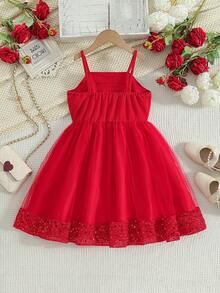 8-12 Years Old Girls' Summer New Sequin Decor Mesh Hem Spaghetti Strap Dress, Suitable For Dance Performance, Birthday Party, New Year, Holiday Gathering, Valentine's Day - 紅色 - 查看 2