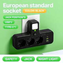 EU Plug And Socket 4 Sockets, Multi Plug Wall Power Plug And Socket Without Extension Cable Or With USB And Type-C Port - EU E Type Plug(220-240V) - View 10