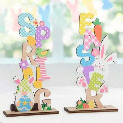 1pc Spring Easter Wooden Desktop Decoration Sign, Spring Gnome And Easter Bunny Wooden Easter Ornament, Easter Bunny Desktop Decoration Wooden Craft Desktop Ornament, Suitable For Easter Party Desktop Decoration, Spring Holiday Home Living Room Dining Table Decoration Ornament