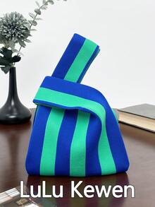 lulu kewen 1 buah Tas Tote Pegangan Simpul Anyaman Buatan Tangan, Pola Kotak-kotak Bergaris, Tas Tangan Anyaman Poliester untuk Wanita - Biru - View 10