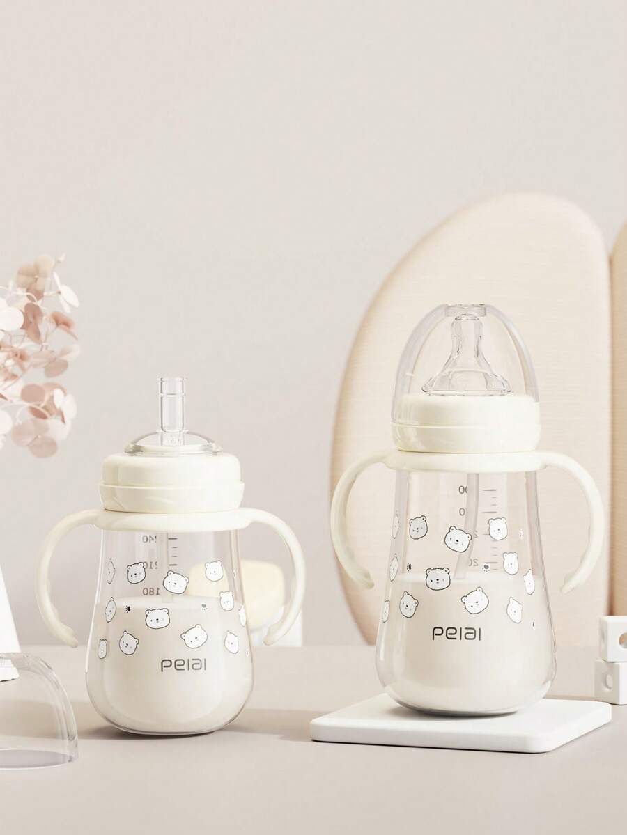 1pc Baby Bear & Sheep Milk Bottle With Silicone Nipple, Straw Spout, Handle, Anti-Drop, Suitable For Infant Feeding - Beige - View 1