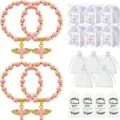 200 Pcs Baptism Favors Set Include 50 Pieces Angel Cross Rosary Bracelet 50 Baptism Favor Boxes With Ribbon 50 Thank You Tags 50 Organza Bags For Baby Shower Baptism Supplies