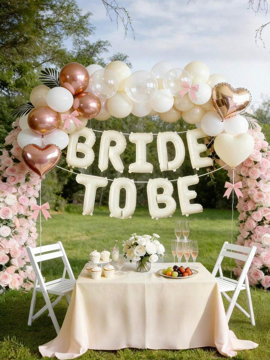 46件套白色单身派对装饰套装，包括“准新娘”气球横幅、闪光蝴蝶结气球、蝴蝶结派对装饰和心形装饰品，单身派对装饰，新娘气球，适合新娘送礼会、订婚和婚礼派对装饰。 - 彩色 - 查看 1