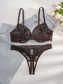 1 Conjunto de Sujetador con Aros y Volantes de Encaje de unicolor Cómodo para Mujer - Marrón Chocolate - Ver 6
