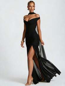 Elegant Off Shoulder Maxi Dress For Women, Ruched Mesh Sheer Draped High Split Bodycon Evening Gown Wedding Black Spring Party - Black - View 3