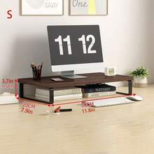 1pc Yellow Wooden Monitor Riser Stand, Display Holder Desk Organizer Shelf For Desktop Computer, Office Supplies Storage - Brown - View 4
