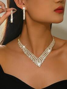 Luxury Bridal Crystal V-Shaped Necklace Set, Crystal Personalized Necklace + Earrings, Suitable For Weddings, Bridesmaids, Formal Dances And Party Gifts - 1768-hB Gold - View 2