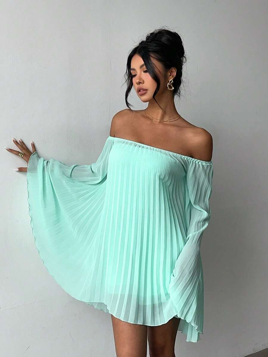 Green Casual Off-Shoulder Chiffon Pleated Mini Dress+ Tube Top Jumpsuit 2-Piece Set, Elegant Summer Style - Mint Green - View 1
