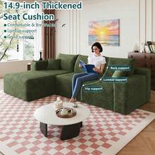No Assembly 95" L Shaped Cloud Sectional Sofa Plush Corduroy Deep Seat Upholstered Corner Couch For Living Room - 綠色 左邊 - 查看 4
