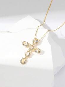 1pc Minimalist Elegant Luxury Design Shiny Zirconia Oval, Round, Cross Shaped 16K Gold Plated Pendant Necklace, Fashionable & Charming For Women & Girls - Multicolor - View 6