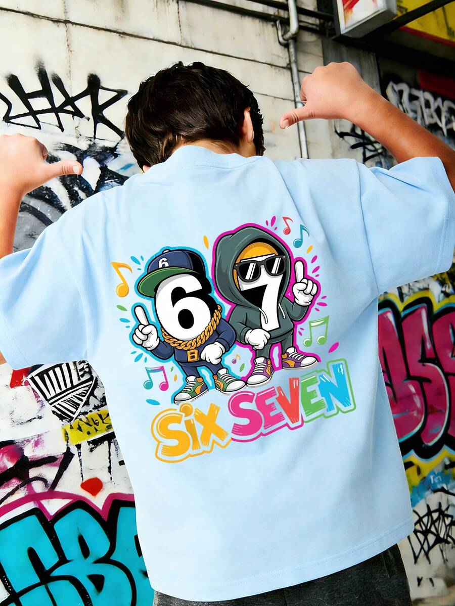 Camiseta con estampado de diseño de rompecabezas para niño preadolescente con el número 67, adecuada para entusiastas de los rompecabezas matemáticos y los videojuegos - Celeste - Ver 1