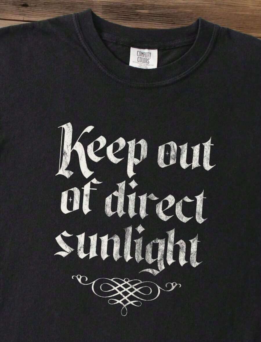 Vampire Shirt, Keep Out Of Direct Sunlight, Distressed Vampire Shirt, Vampire Shirt, RetroClassic Crew Neck Short Sleeve, Solid Basic Style - Black - View 1