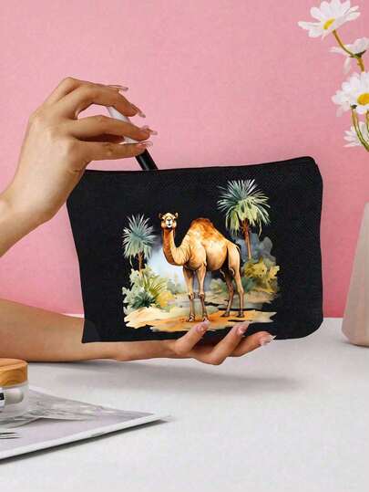 Camel Coconut Tree Print Cosmetic Bag, Reusable Makeup Organizer With Camel Pattern, Lightweight, Cosmetic And Toiletry Storage Bag, Zippered Makeup Bag, Lightweight Coin Purse, Toiletry Bag, Storage Bag, Travel Accessories, Perfect For Shopping, Multi-Functional Use, For Organizing Makeup, Brush Sets, Accessories, New Year, Valentine's Day Gifts, Ramadan Gifts