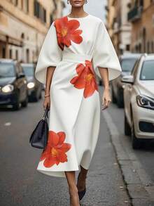 Floral Print Dress For Women  Cape Sleeve Midi Dress Casual Party Outfit Elegant Long Dress - trắng - Xem 2