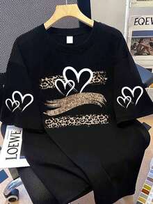 Women's Heart Leopard Print Casual Crew Neck Short Sleeve T-Shirt, Summer Style - Black - View 1
