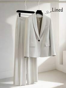 Women's Lightweight Commuter Solid Color Lined Loose Single-Breasted Long Sleeve Blazer And Wide-Leg Pleated Seam Trousers Suit Set - Light Grey - View 1