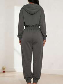 Women's Solid-Color Casual Jumpsuit With Hood, Drawstring Design, Zippered Pockets, And Long Sleeves Spring - Dark Grey - View 3