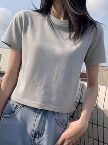 2025新款宽松加州印花短袖T恤，女士夏季休闲轻薄圆领T恤，带肩带，浅灰色 - 淺灰色 - 查看 1