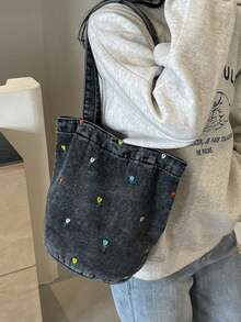 Vintage Denim Floral Embroidery Versatile Shoulder Bag, Student Lunch Bag, Bucket Bag For Women - Black - View 5
