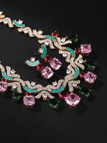 Bộ 3 món trang sức cao cấp bằng đồng khảm đá Cubic Zirconia, gồm dây chuyền và bông tai, thích hợp cho tiệc cưới, phối cùng váy cưới và váy dạ hội, làm quà tặng ngày lễ và sinh nhật. - Phong cách trang sức - Xem 8