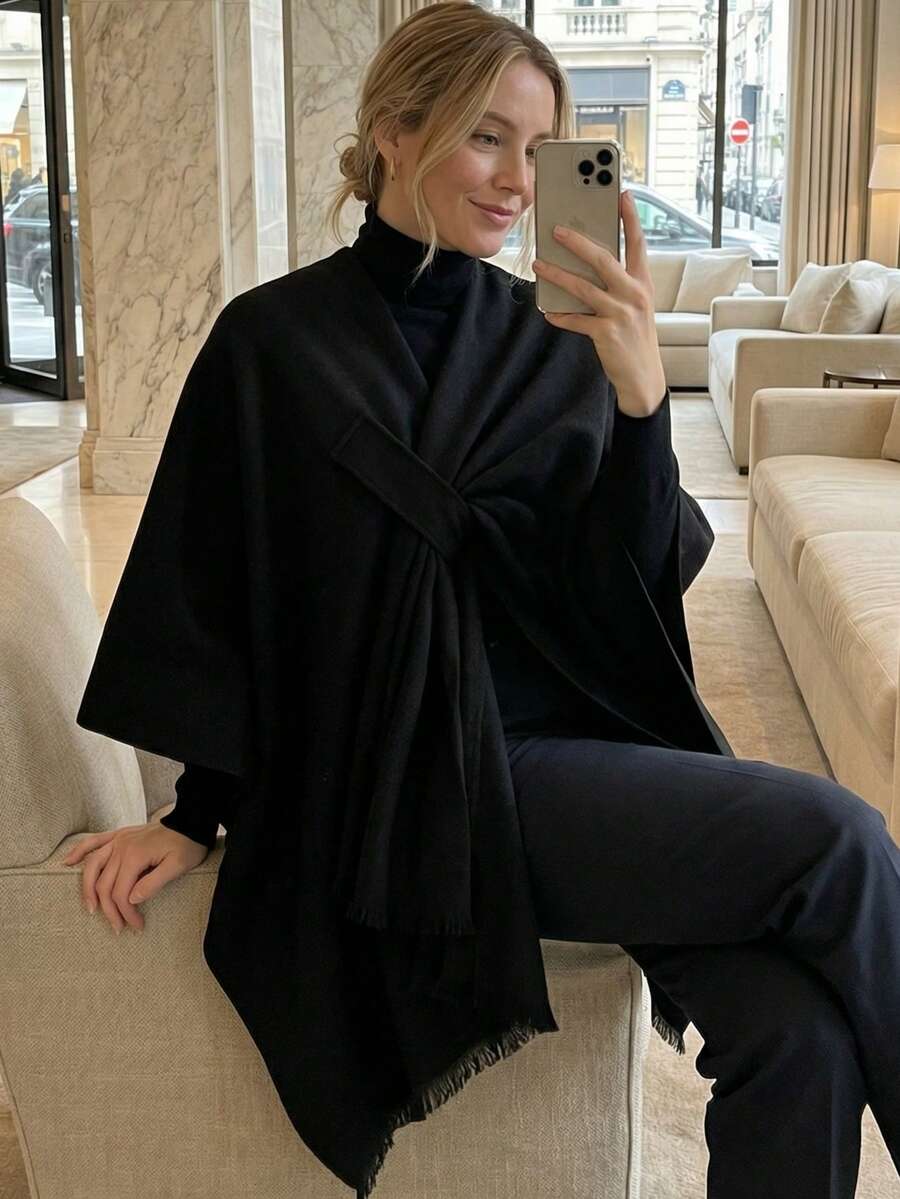 1pc Minimalist Solid Color Faux Cashmere Fringe Design Warm Shawl, Women Casual Soft Outerwear Accessory, Suitable For Autumn/Winter, Daily Wear, Commute, Office, Holiday Gift