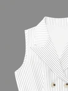 1pc Women's Striped Woven Fabric Double-Breasted Jumpsuit, Casual Spring/Summer - White - View 7