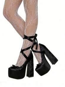 Womens's Ballet Pumps Sweet Lace Up Chunky High Heel Pumps Cute Platform Heels Bow Ribbon Pumps Satin Closed Toe Party Ballet Dress Shoes Elegant Wedding Party Shoes For Women - 黑色 - 查看 7