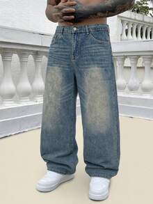 1pc Vintage Washed Loose Fit Wide Leg Men's Jeans, Non-Stretch, Suitable For Casual And Work Wear - Blue - View 5
