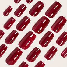 24pcs Wine Red Press On Nails Short Square Fake Nails Cat Eye False Nails Press Ons Gradient Shiny Glitter Glue On Nail Red Glossy Artificial Nails For Women Manicure Nails Decoration - 優雅紅色貓眼 - 查看 4