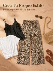 Pantalones anchos de pierna delgados y sexys con estampado de leopardo, aptos para uso casual, de vuelta a la escuela - Multicolor - Ver 4