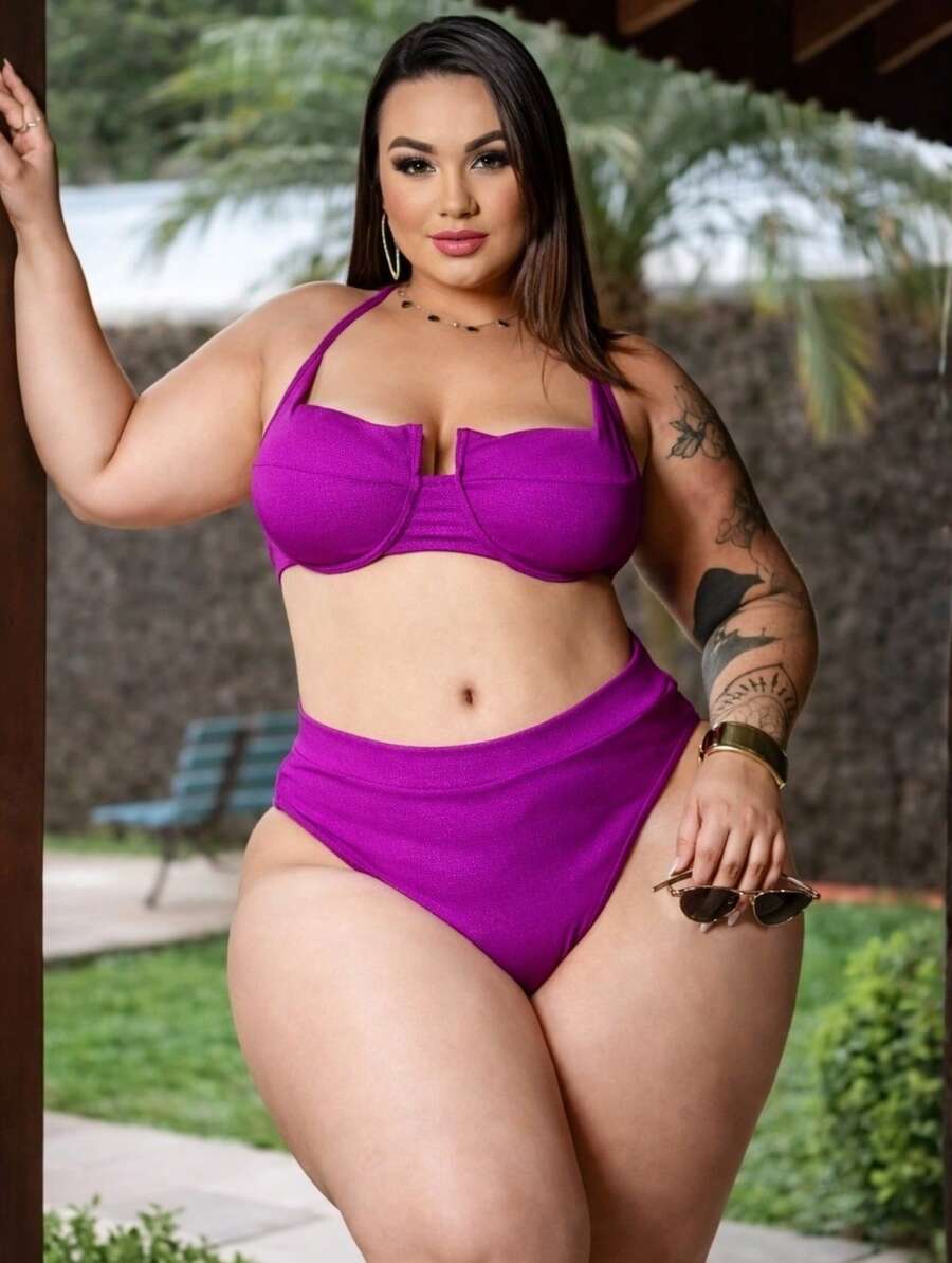 Plus Size Half Cup Bikini Set With High Waist And Adjustable Ties - Ana Ruga Women's - Rose Red - View 1
