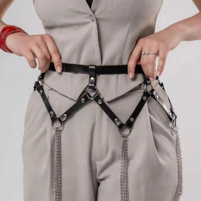 1pc Women's Elegant Black PU Leather Chain Waist Belt, Streetwear Body Harness Suitable For Daily Commute, Festivals, Parties, Outfit Accessory