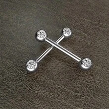 Set Of 2 Stainless Steel Nipple Barbell Piercings With 2 Zirconia Stones, Rhinestones, And Diamonds In Silver - Silver - View 8