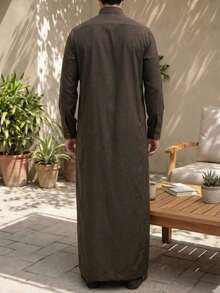 Muslim Men Long Sleeve Color Block Shirt Collar Design Button Decor Long Robe, Premium Fabric Arabic Men Long Robe - Coffee Brown - View 2