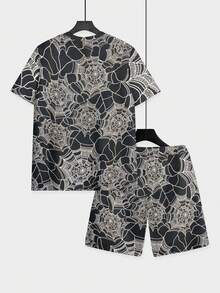 2-Piece Retro Exquisite Knitted Fabric Intricate Delicate Men's Social Events Summer Black Base Off-White Line Texture Short Sleeve Beach Shorts Set - Nhiều màu - Xem 5