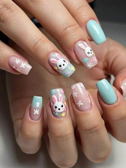 24pcs Medium Long Square Press On Fake Nails Green Nail Rabbit And Flower Fake Nails Easter Nails