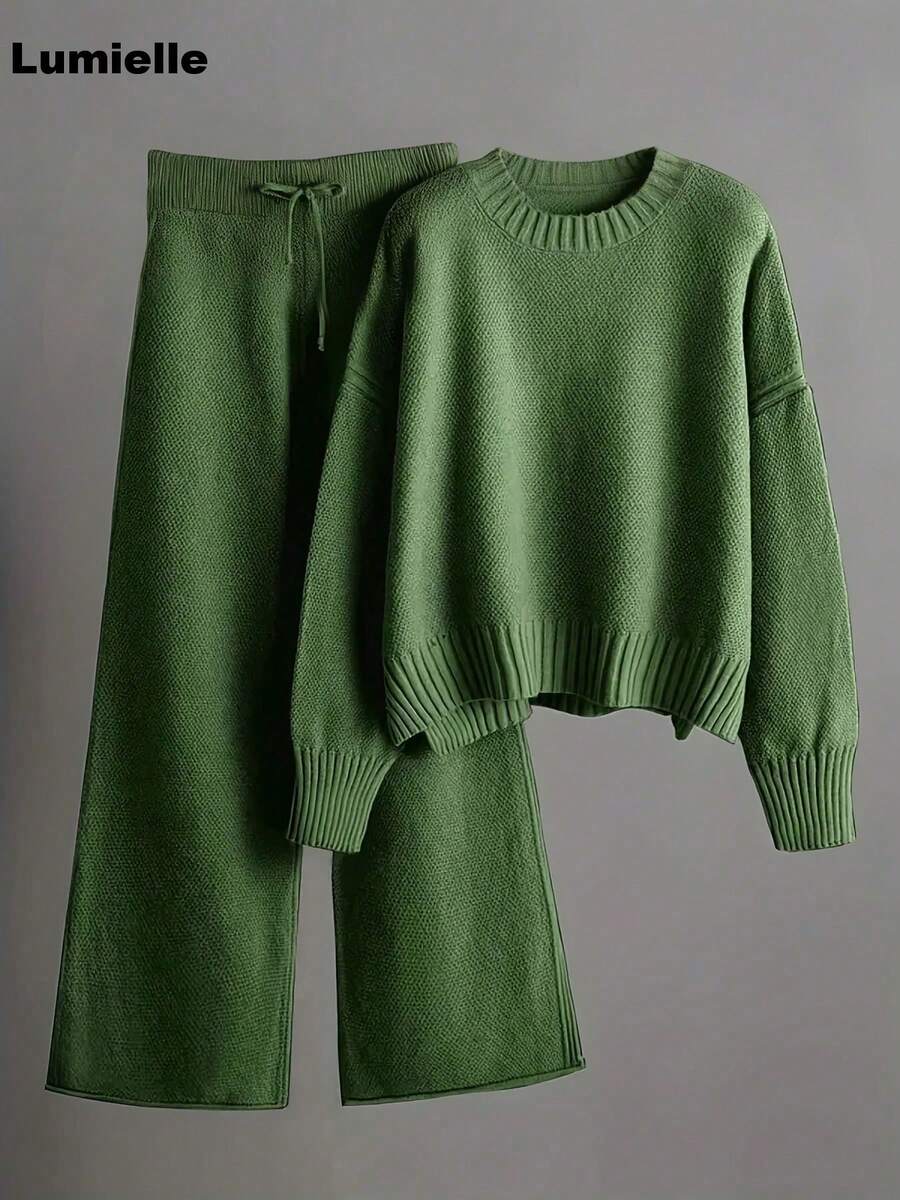 Lumielle Women's Apparel Aesthetic Oversized Matching Set | Cropped Sweater & Wide Leg Pants | Casual Fall Winter Outfit #LazyChic #MatchingOutfit #CasualSet #EverydayFashion Workout Sets Women Gym Clothes Women Glowmode(This Style Runs Small.) - 綠色 - 查看 1