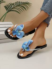 2025 New Summer Korean Style Fashion Butterfly Orchid Flower Creative Fairy Style Resort Slippers, Minimalist Sexy Niche Versatile Beach Holiday Sandals, Yellow - 寶藍色 - 查看 2