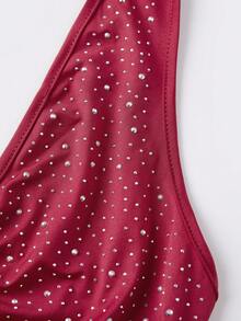 Women's Halter Bodysuit Stylish Hot-fix Rhinestone Design Slim Fit Deep V Neck Romper - Rojo - Ver 8
