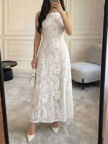 女士优雅蕾丝修身无袖连衣裙，适合早春夏季休闲、约会、通勤穿着。 - Pearl White - 查看 1