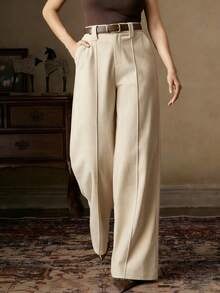 Women's Cream-Colored Wide Leg Pants, Made Of Textured Woven Fabric Spring - Apricot - View 5