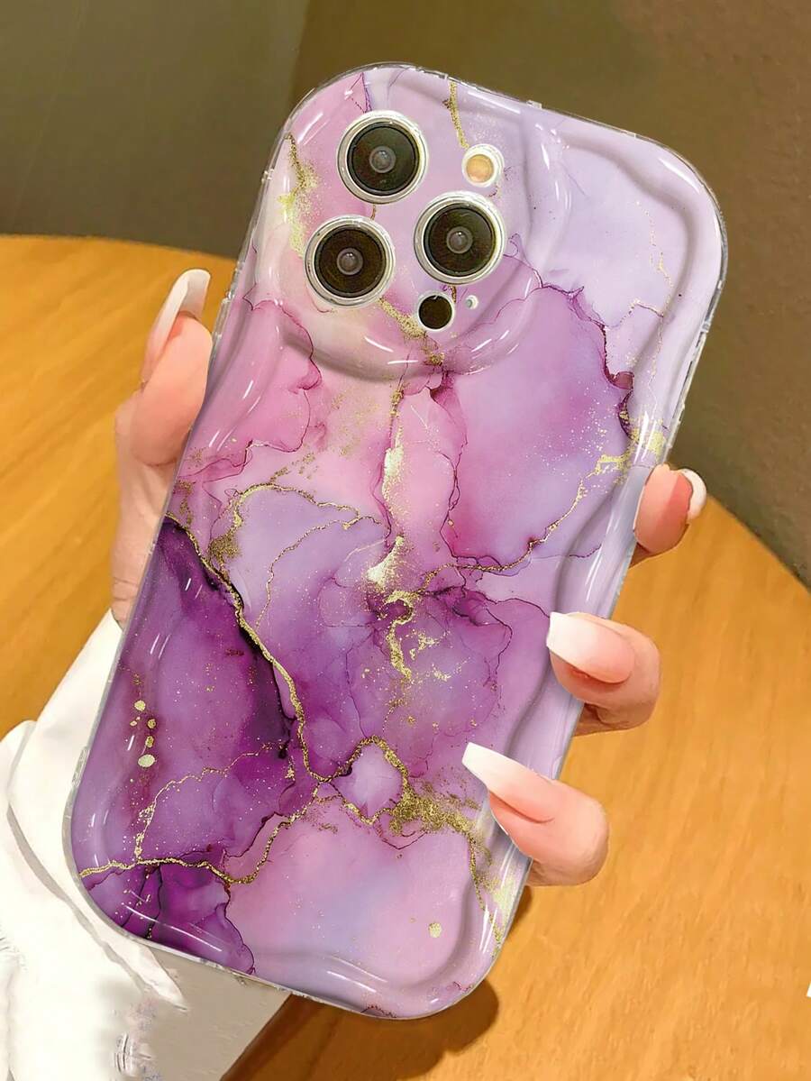 Cream Wavy Edge Glossy Marble Pattern Shockproof Phone Case Compatible With IPhone 16/11/16pro/16plus/16promax/16e/15Promax/13/14/12/XS/XR/7G/8P, Compatible With Samsung Galaxy 11/12Pro/12/12X/13Pro/14Pro/15Pro/X3pro, Compatible With 10/9/Note9/12c/Note11pro/Note8Pro/9C/9a - Multicolor - View 1