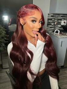 34 Inch 200% 99J Burgundy Body Wave 13x4 Transparent Lace Frontal Human Hair Wigs Pre Plucked With Baby Hair Wine Red 99J Colored Lace Front Wig For Women - S99J - 查看 8