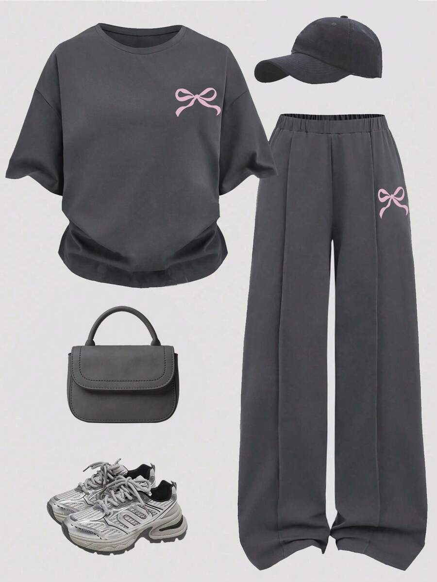 Bộ đồ bé gái in hình bướm, áo tay ngắn và quần. - Màu xám đen - Xem 1